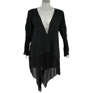 Lagenlook Women's Gauzy Open Front Cardigan Size L Black Sheer Bell Sleeve Italy